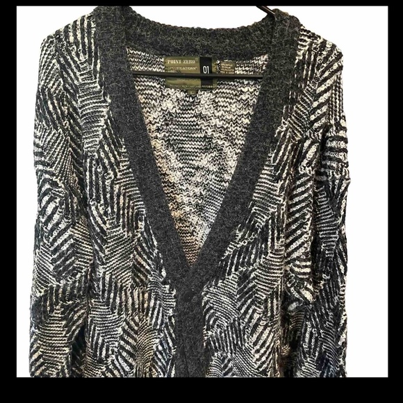 GRAY white GEOMETRIC heavy Cardigan Sweater button Vneck coogi cosby 3D 90s mens - Picture 1 of 16